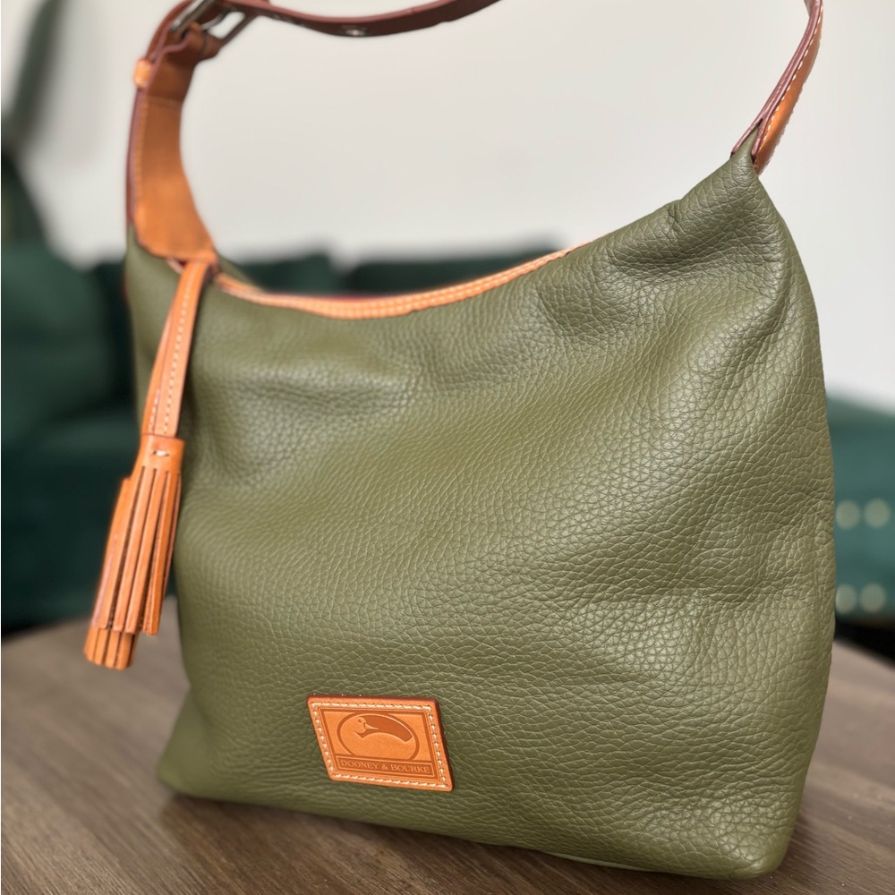 Dooney & Bourke Olive Green Leather Hobo with Tan Trim - Picture 4 of 16